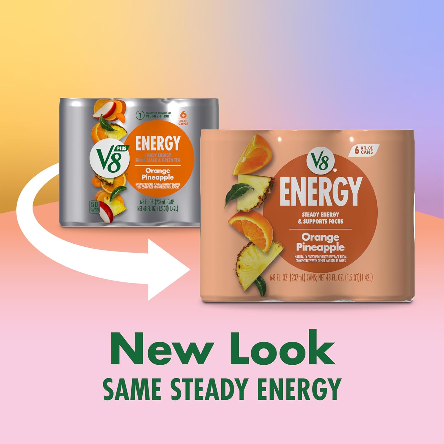 V8 +ENERGY Orange Pineapple Energy Drink, Made with Real Vegetable and Fruit Juices, 8 FL OZ Can (Pack of 6)