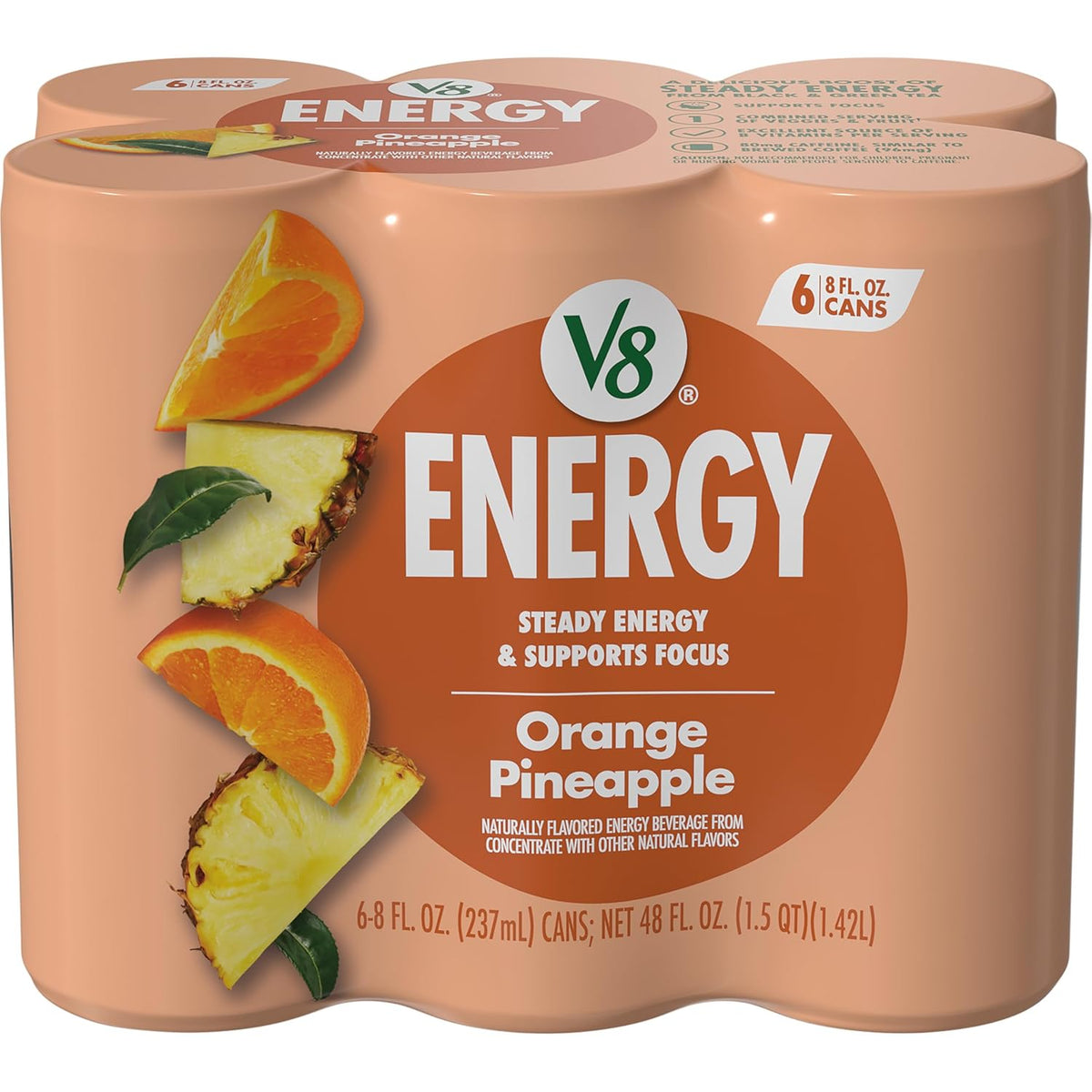 V8 +ENERGY Orange Pineapple Energy Drink, Made with Real Vegetable and Fruit Juices, 8 FL OZ Can (Pack of 6)