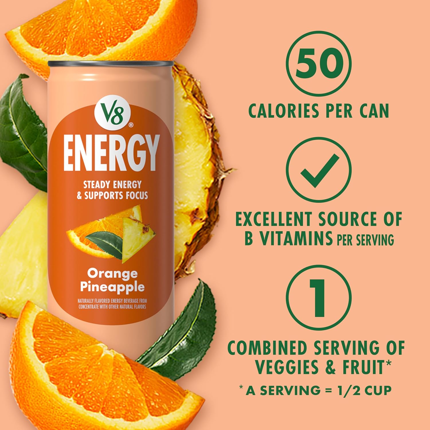 V8 +ENERGY Orange Pineapple Energy Drink, Made with Real Vegetable and Fruit Juices, 8 FL OZ Can (Pack of 6)